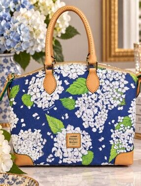 Dooney & Bourke Blue Hydrangea Coated Canvas Satchel with Tan Trim